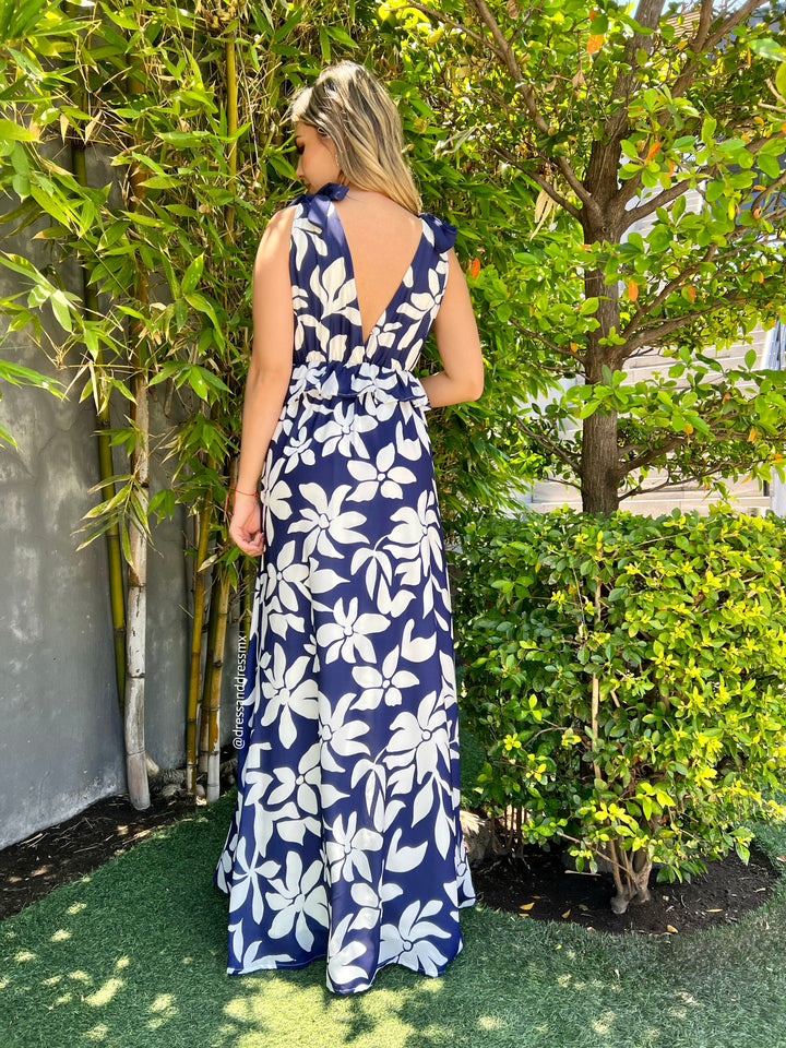 Vestido navy hojas blancas