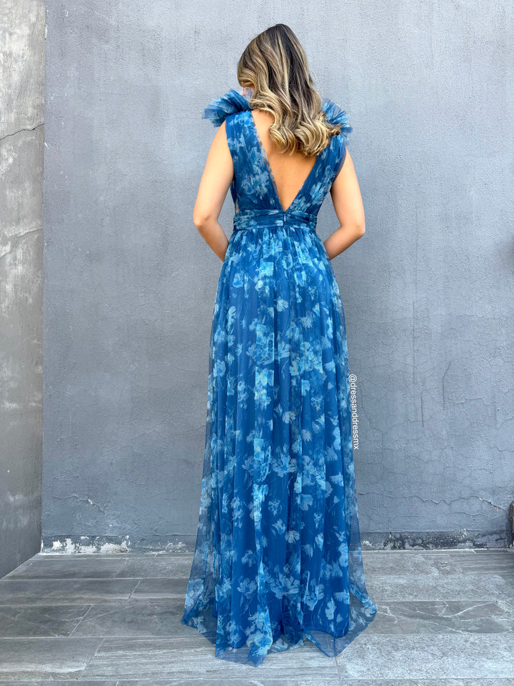 Vestido azul escote V