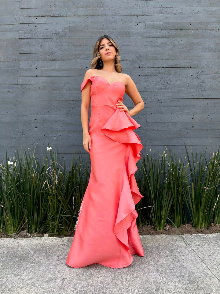 Vestido melón volantes abertura