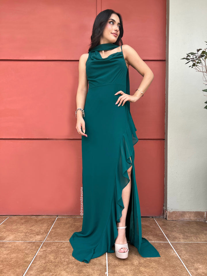 Vestido verde volantes abertura