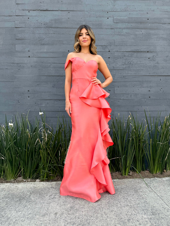Vestido melón volantes abertura