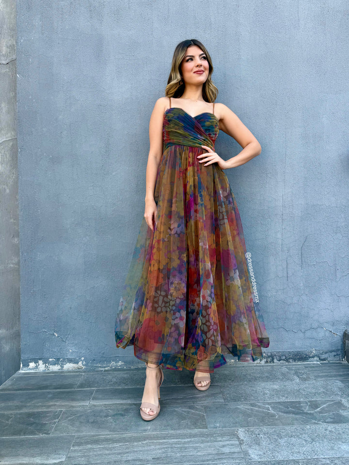 Vestido tul estampado verde