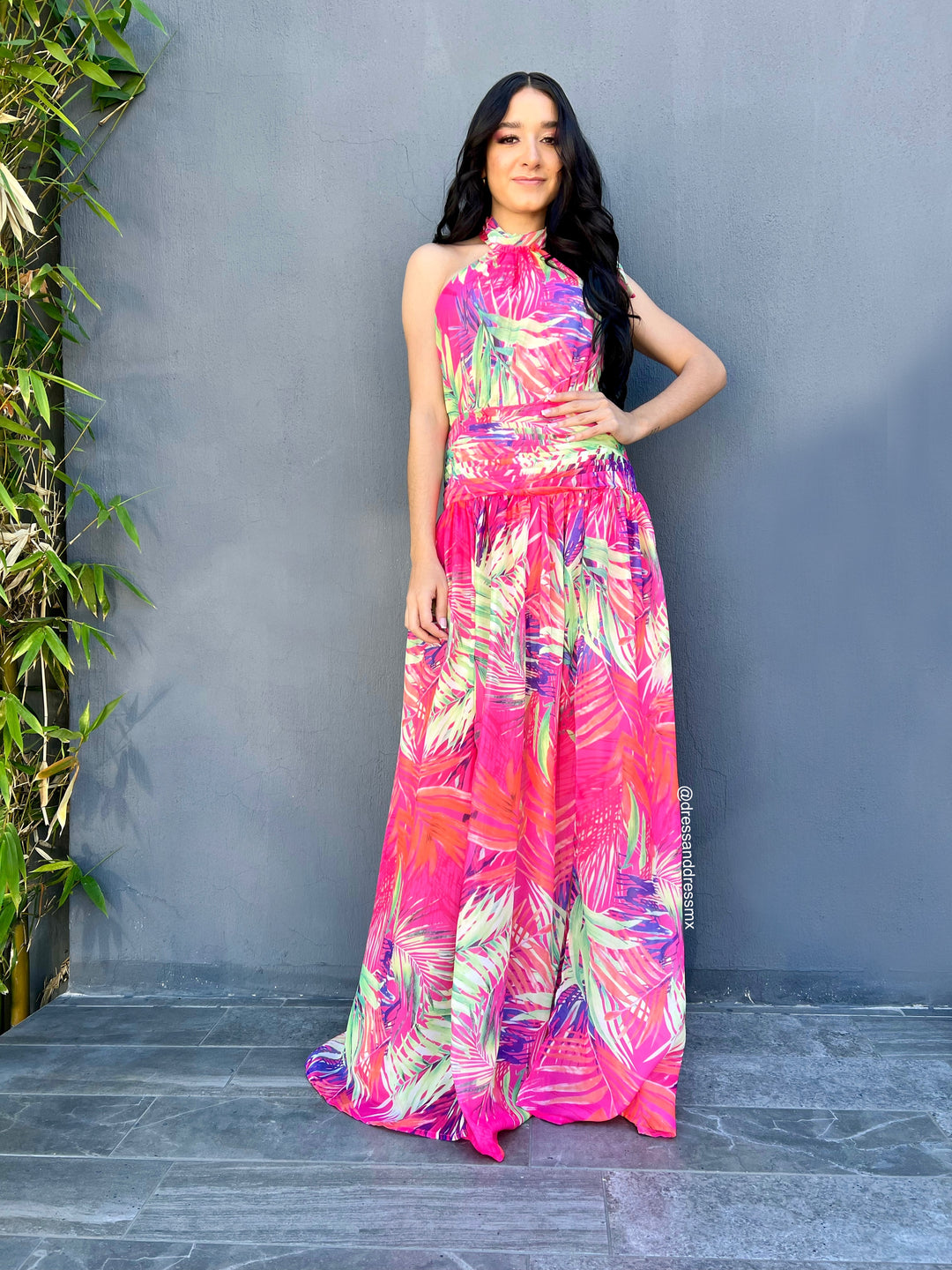 Vestido rosa hojas colores
