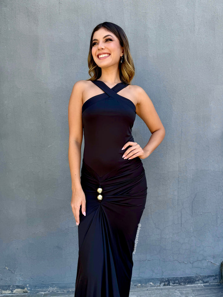 Vestido negro detalle dorado