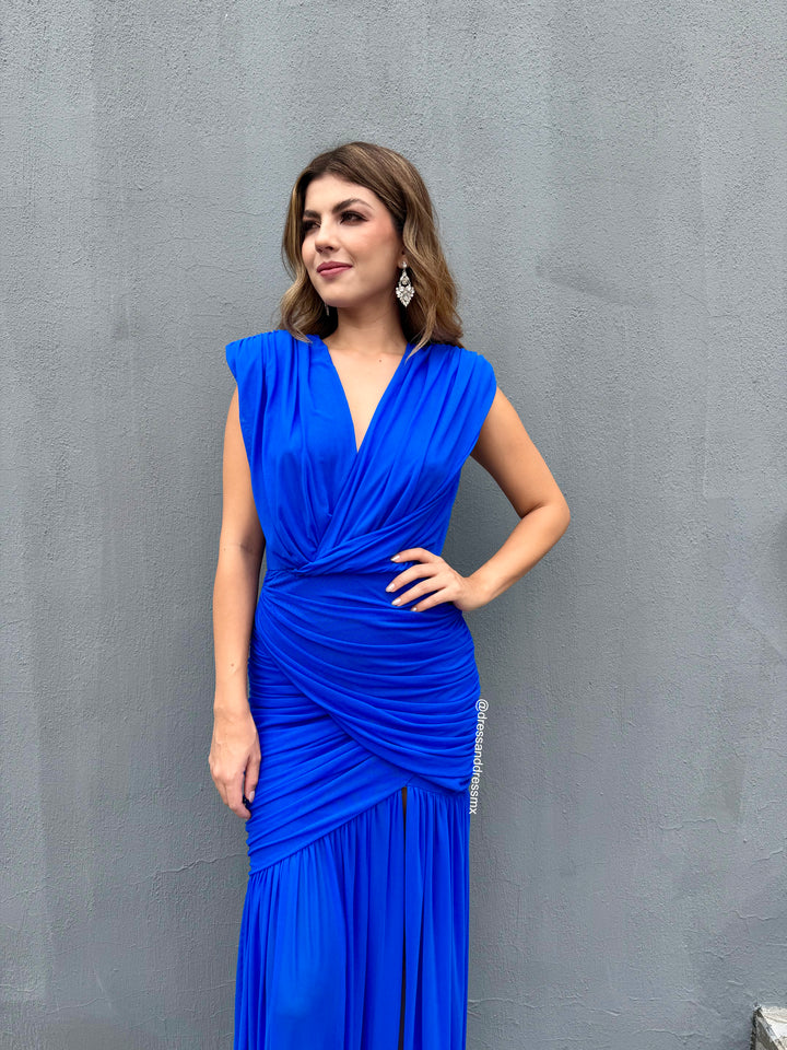 Vestido azul rey drapeado