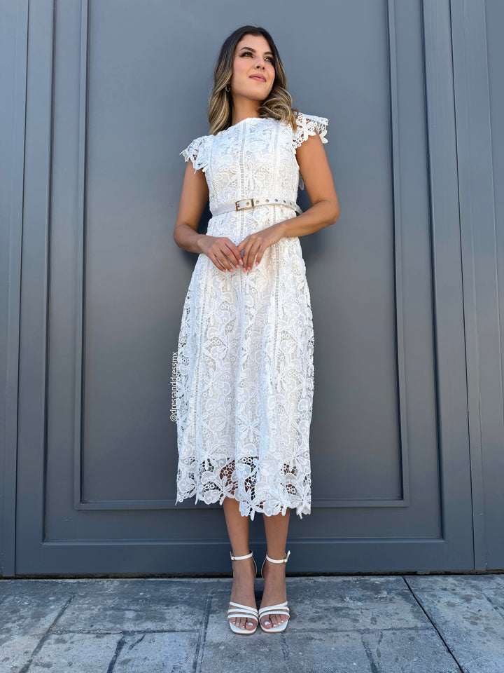 Vestido midi ivory cinto