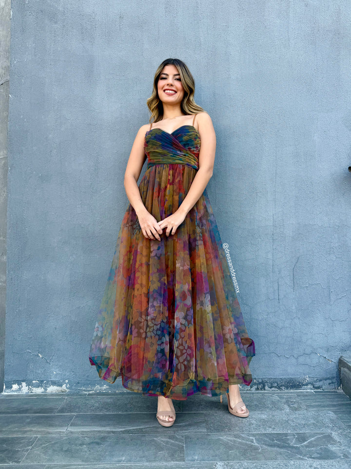 Vestido tul estampado verde