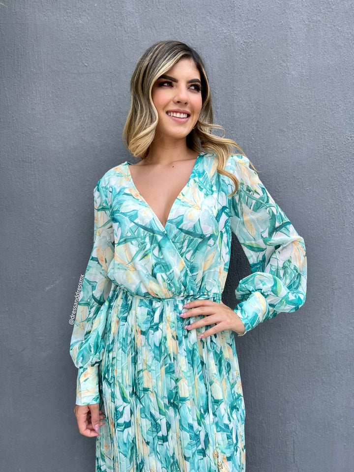 Maxivestido tableado hojas