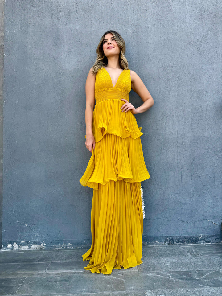 Vestido amarillo tableado Olanes