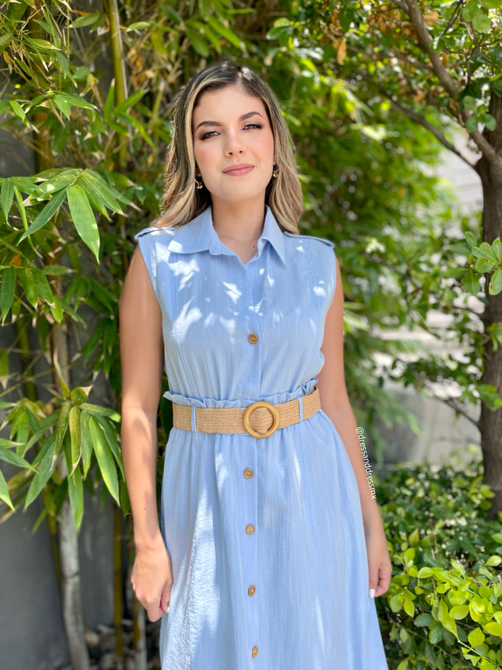 Vestido azulito cinto cafecito