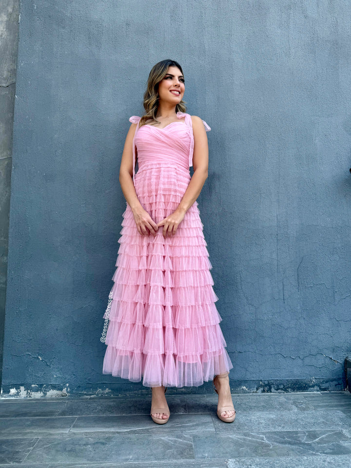 Vestido rosa tul midi