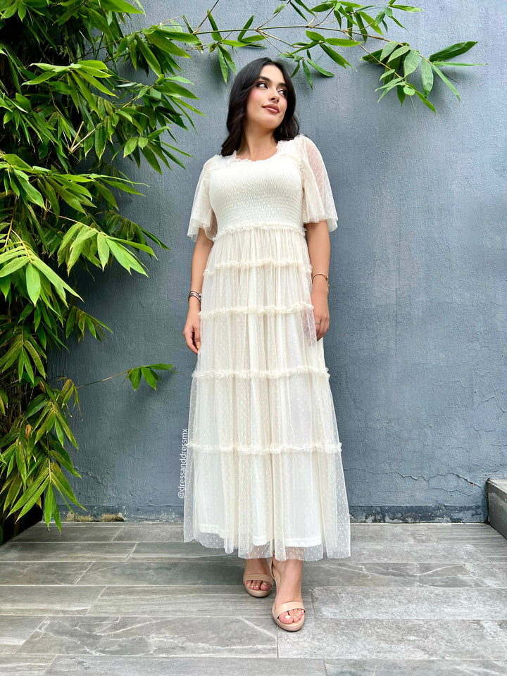 Vestido tul polkadot crema