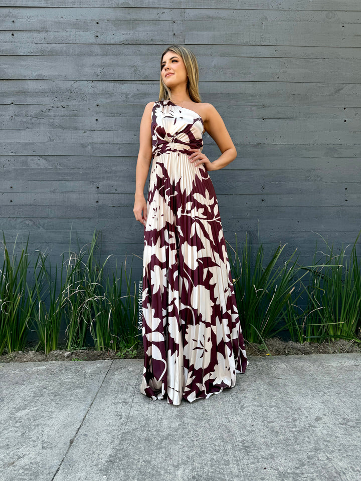 Vestido tableado flores café