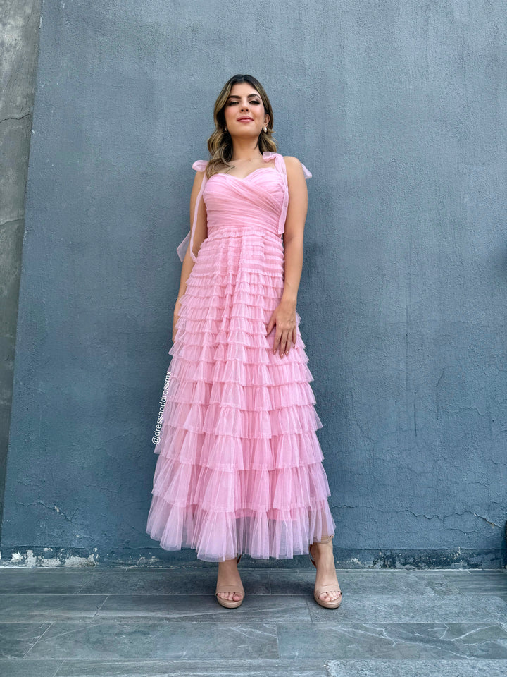 Vestido rosa tul midi