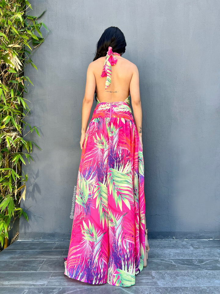 Vestido rosa hojas colores