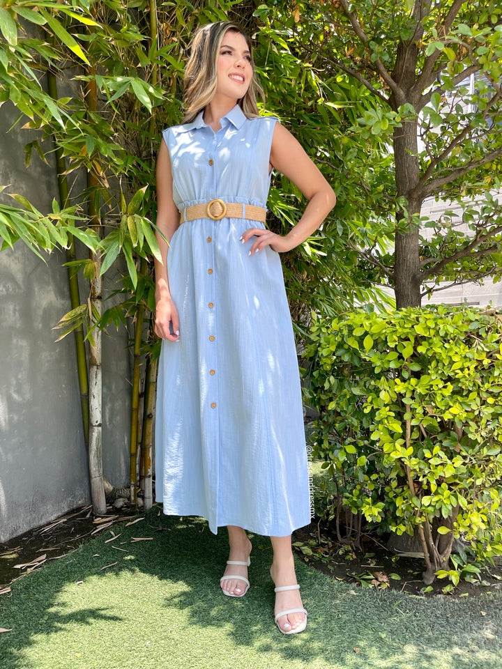 Vestido azulito cinto cafecito