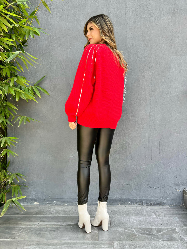 Suéter rojo lentejuelas doradas