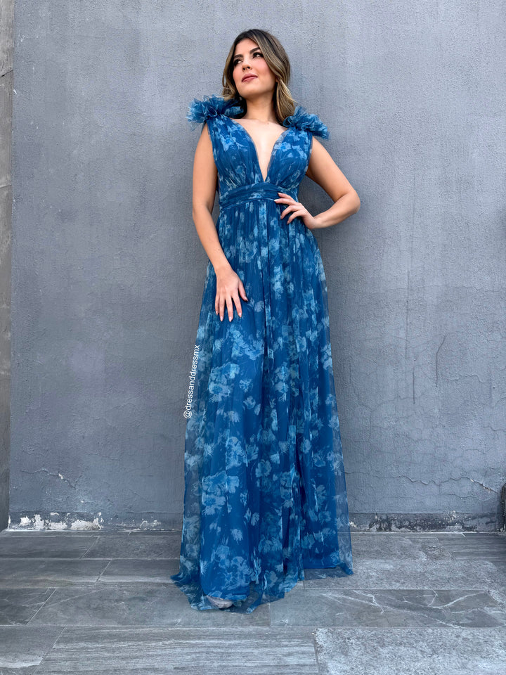Vestido azul escote V