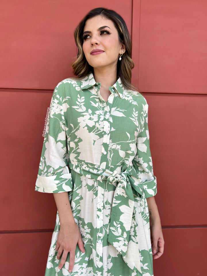 Vestido camisero verde hojas