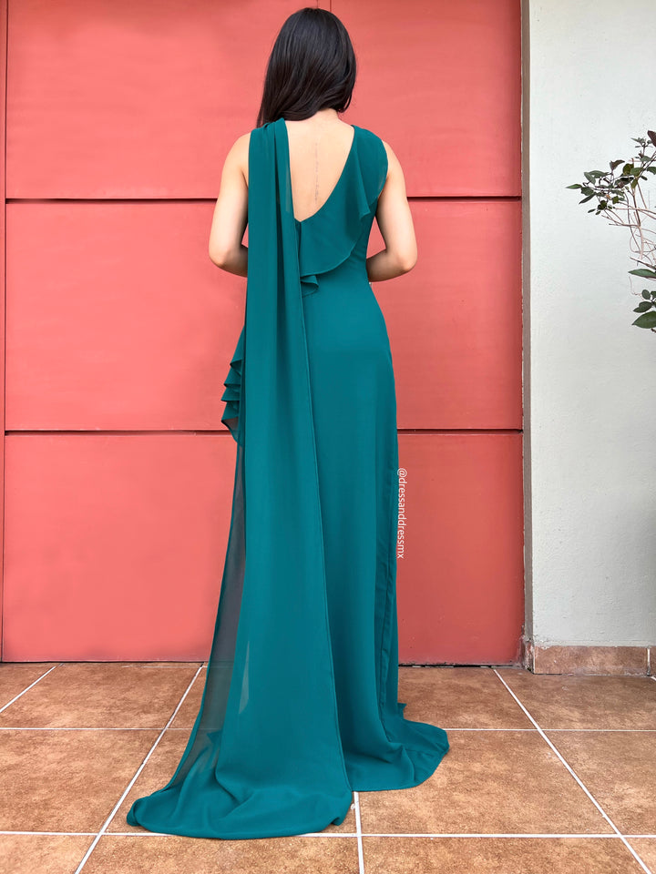 Vestido verde volantes abertura