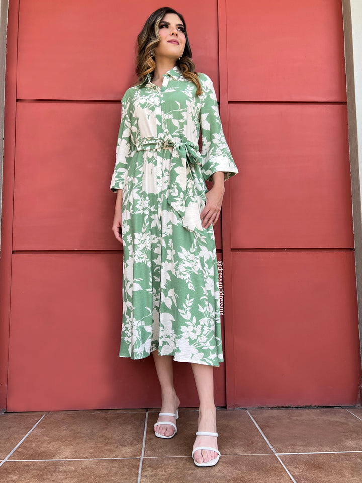 Vestido camisero verde hojas