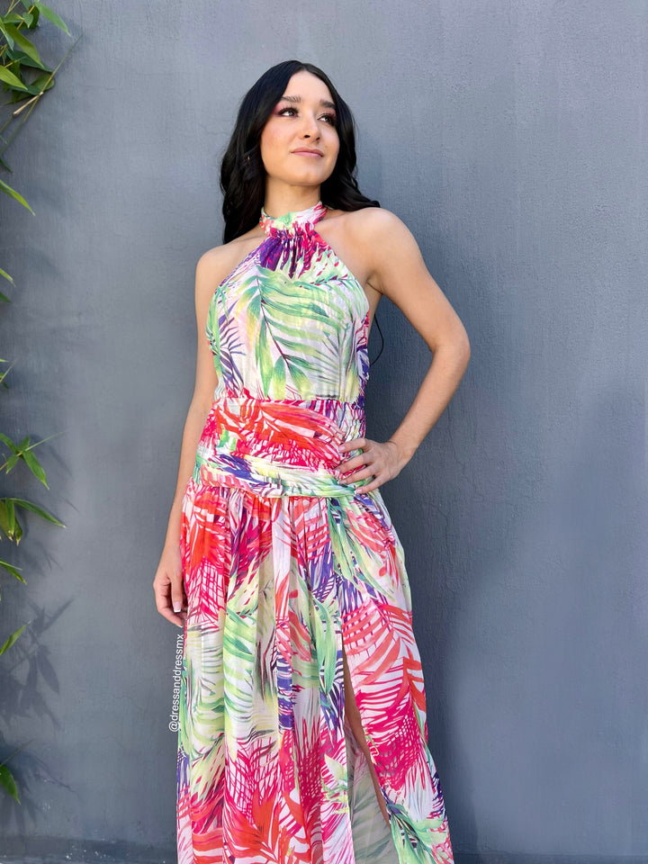 Vestido blanco hojas colores
