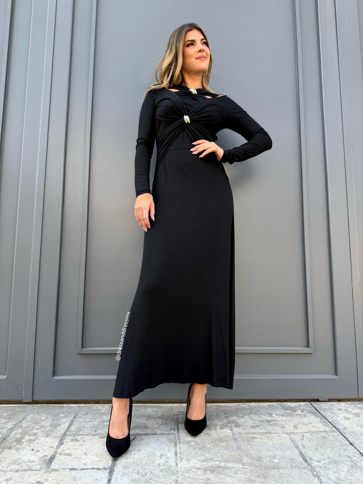 Vestido negro midi detalle argollas