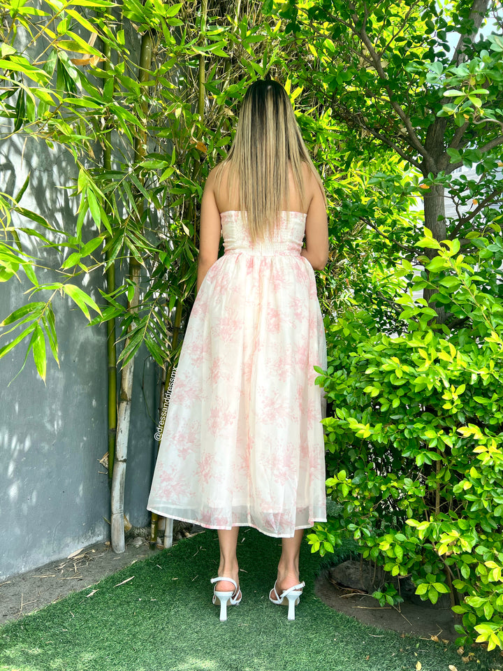 Vestido midi gasa flores rosas