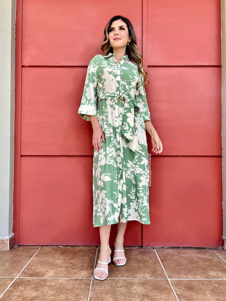 Vestido camisero verde hojas