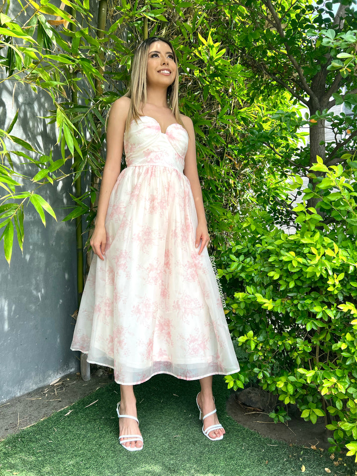 Vestido midi gasa flores rosas