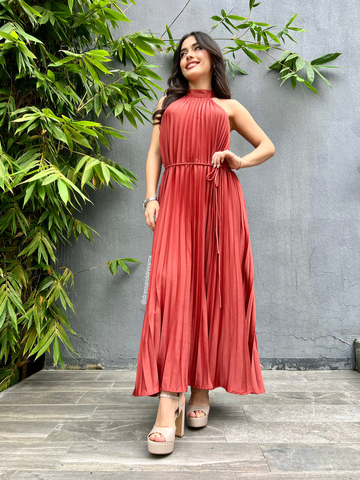 Vestido midi tableado ladrillo