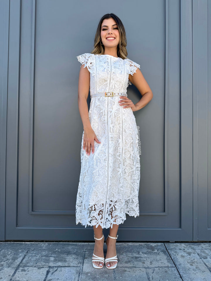Vestido midi ivory cinto