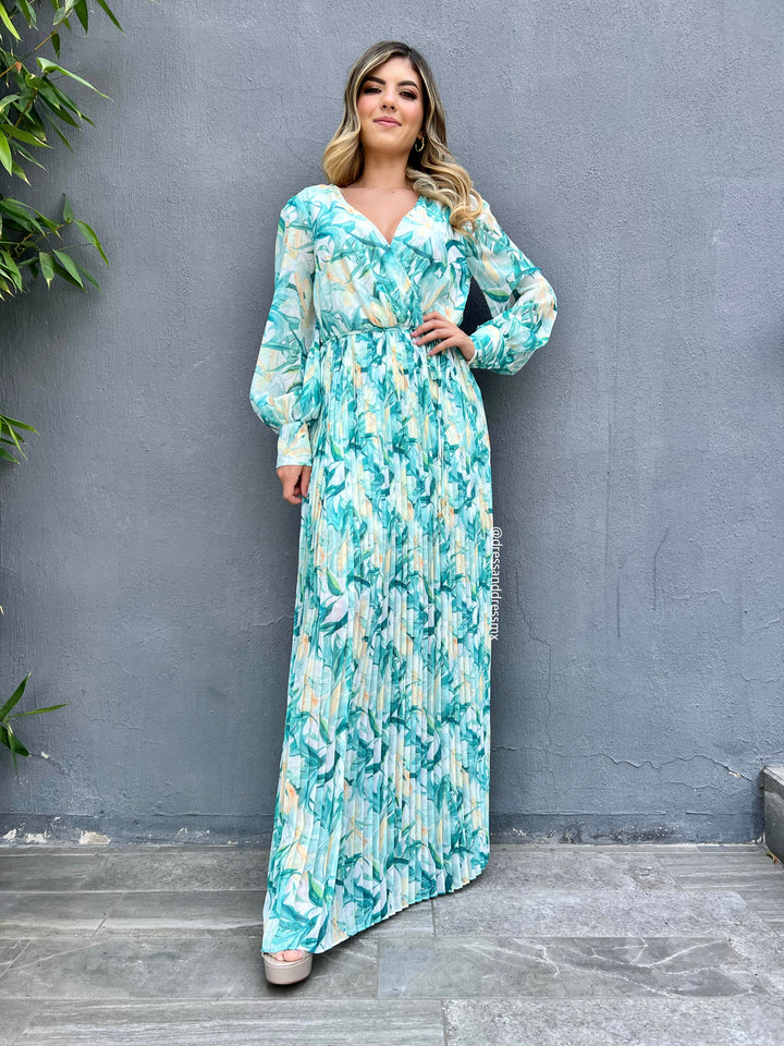 Maxivestido tableado hojas