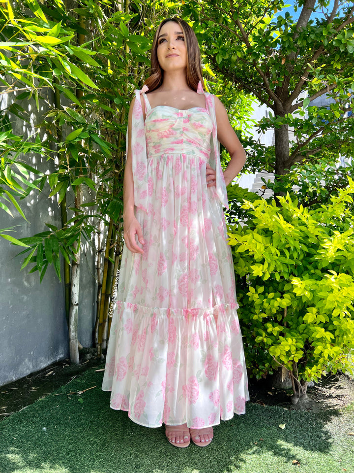 Vestido midi flores rosas