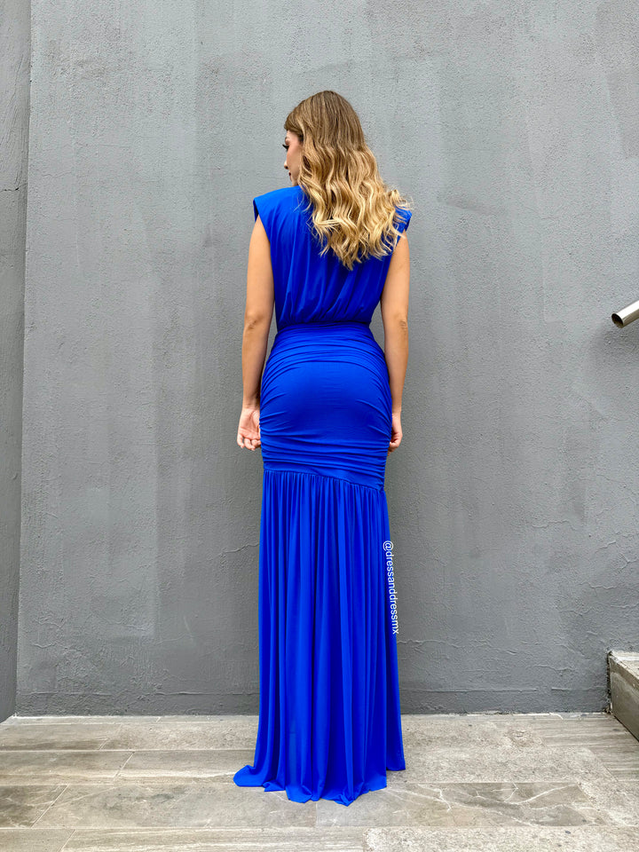 Vestido azul rey drapeado