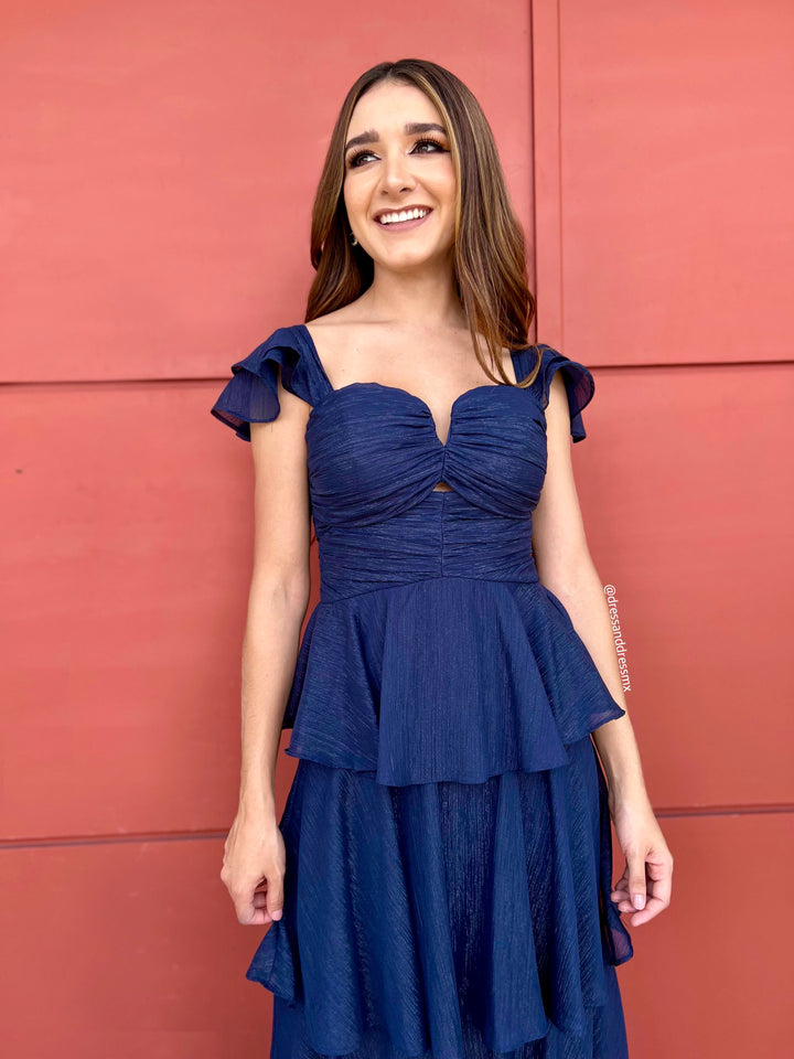 Vestido azul marino brillitos plata