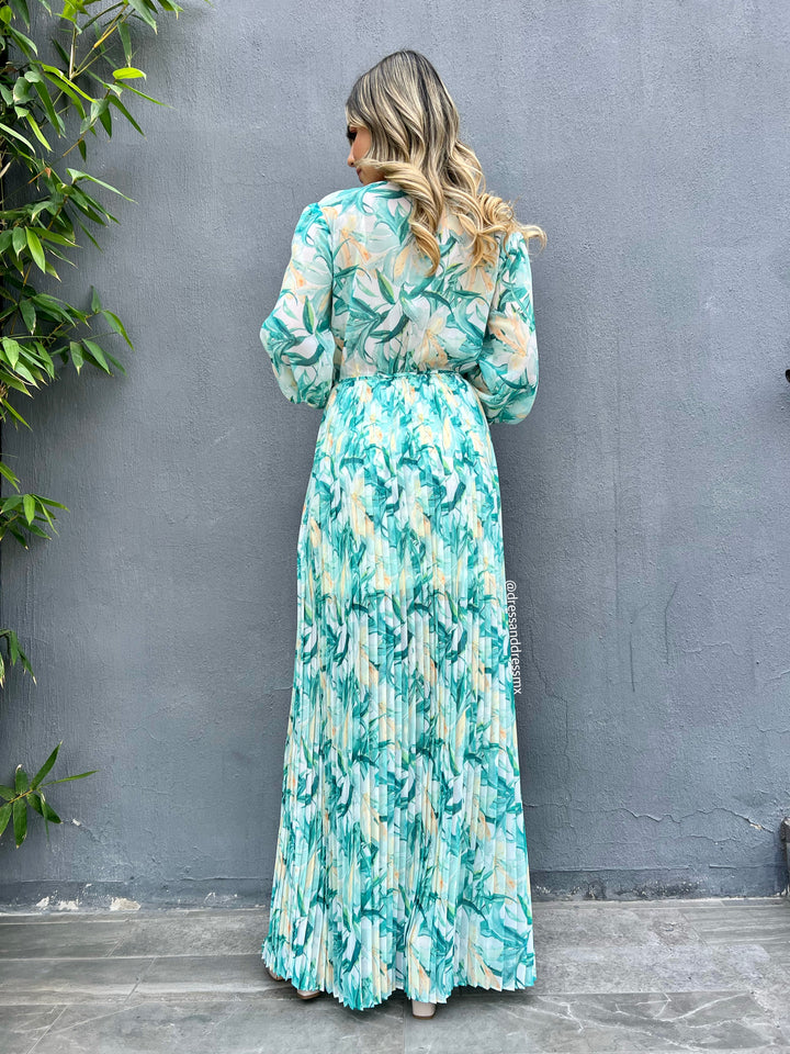 Maxivestido tableado hojas