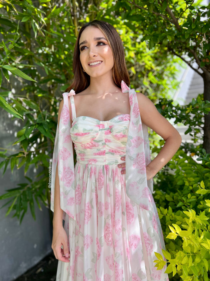 Vestido midi flores rosas