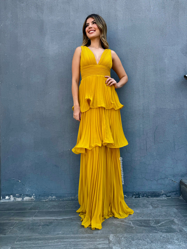 Vestido amarillo tableado Olanes