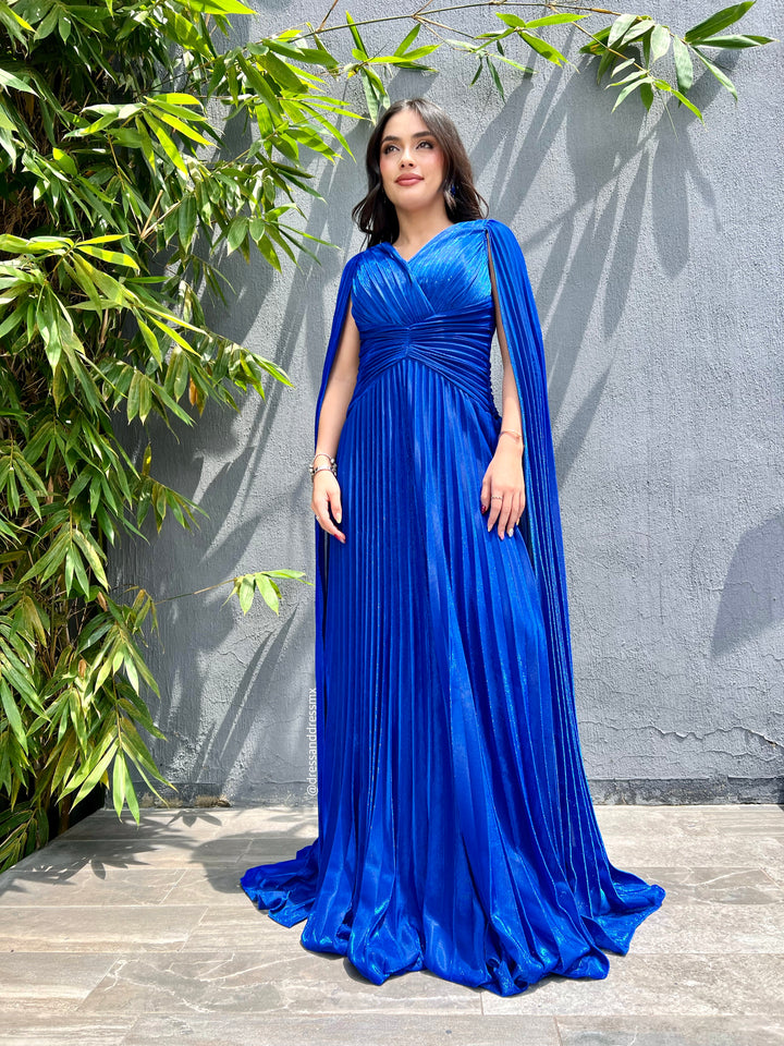 Vestido azul rey tableado