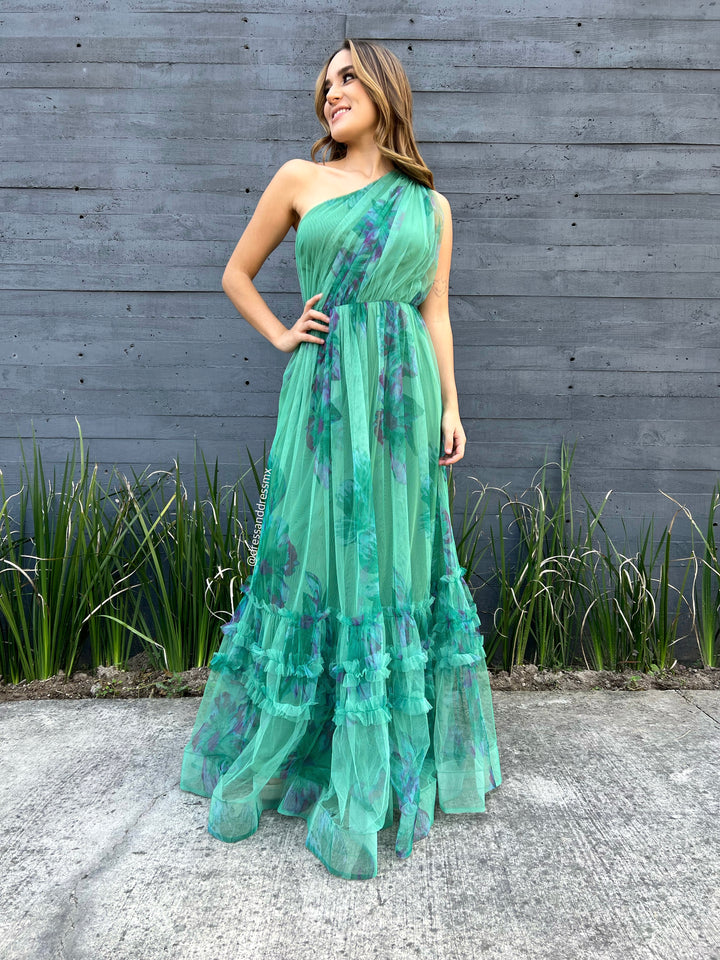 Vestido verde estampado un tirante