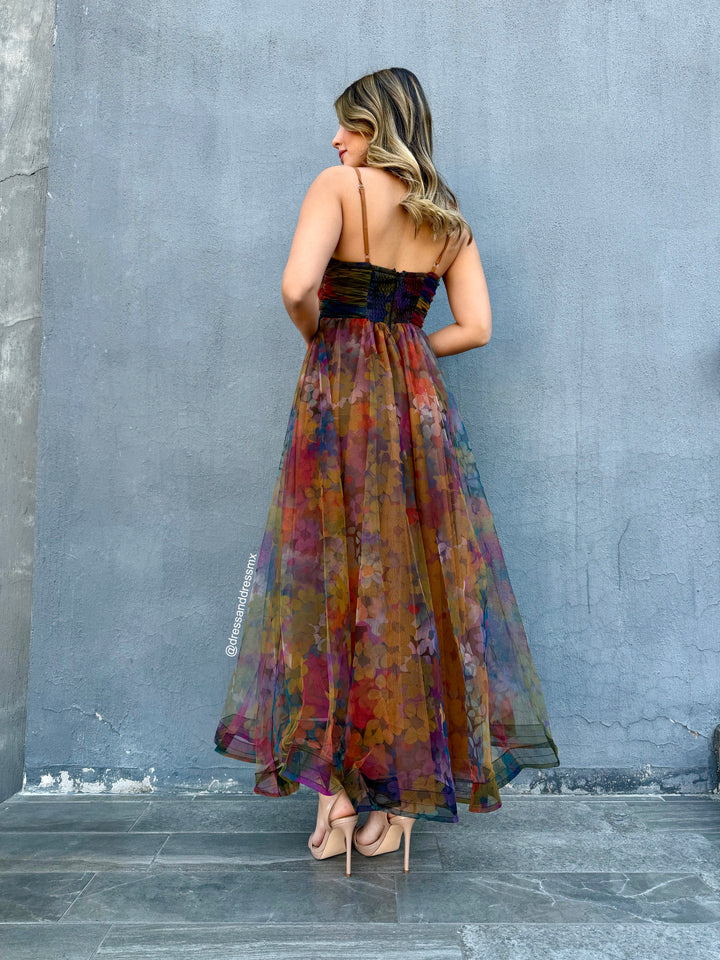 Vestido tul estampado verde