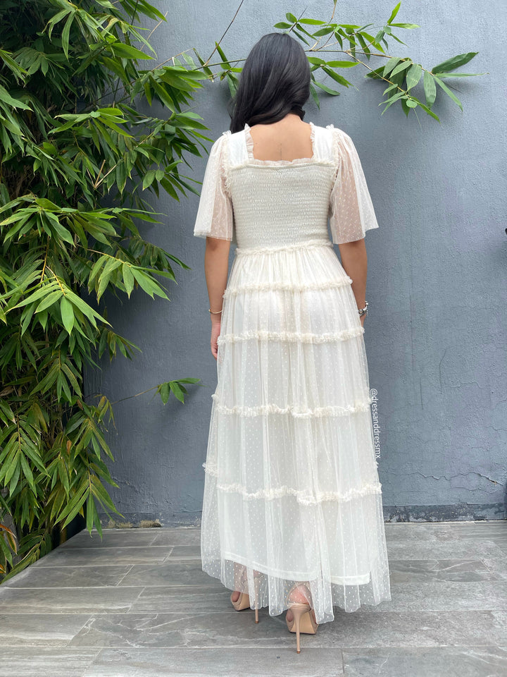 Vestido tul polkadot crema