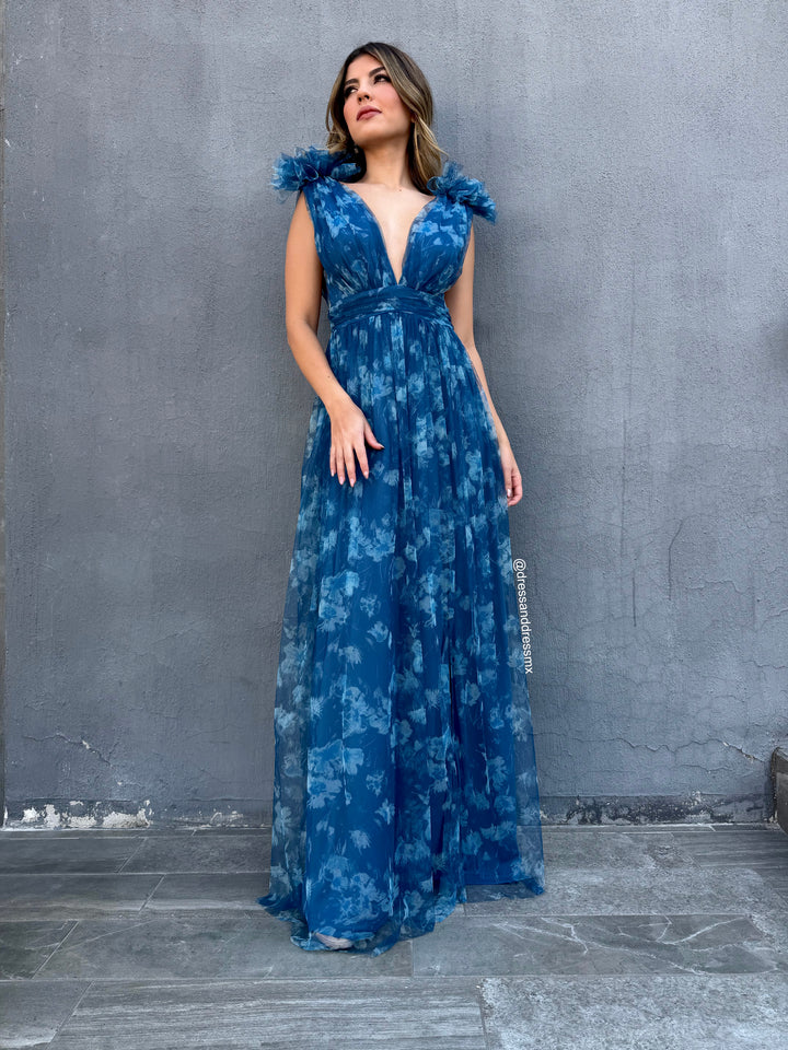 Vestido azul escote V