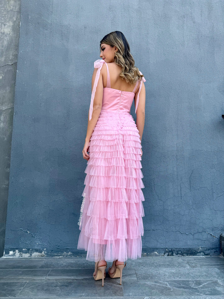 Vestido rosa tul midi