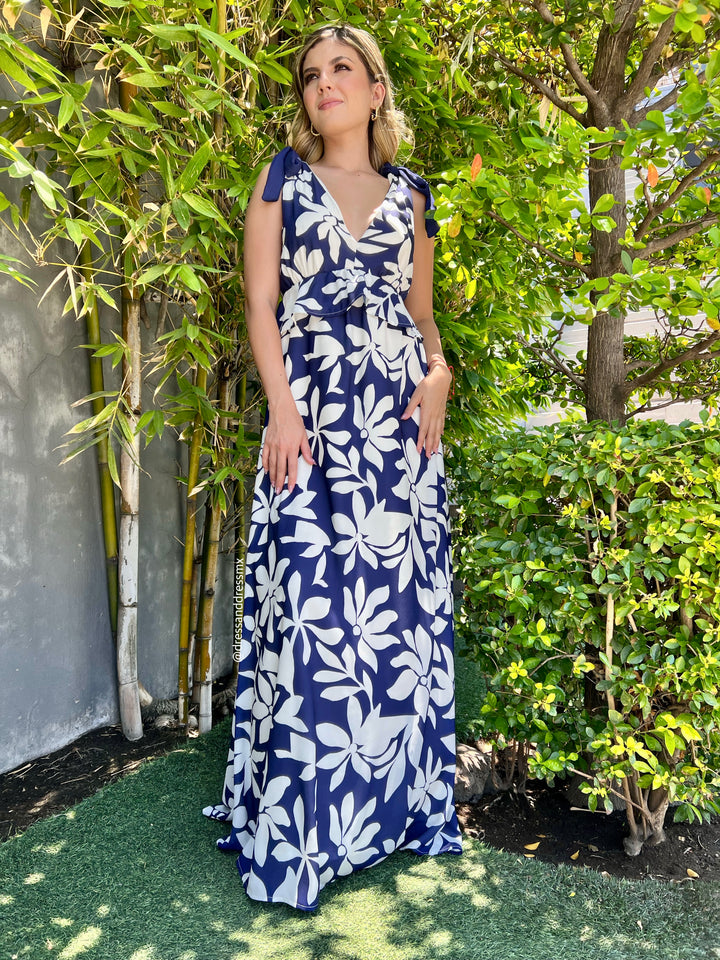 Vestido navy hojas blancas