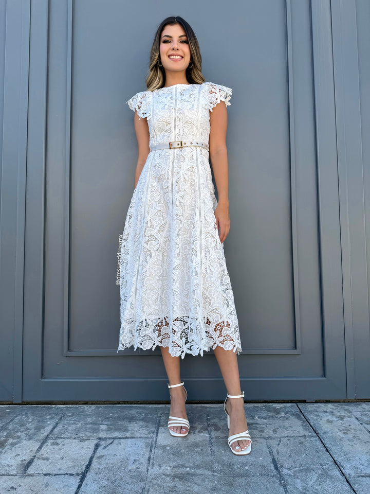 Vestido midi ivory cinto