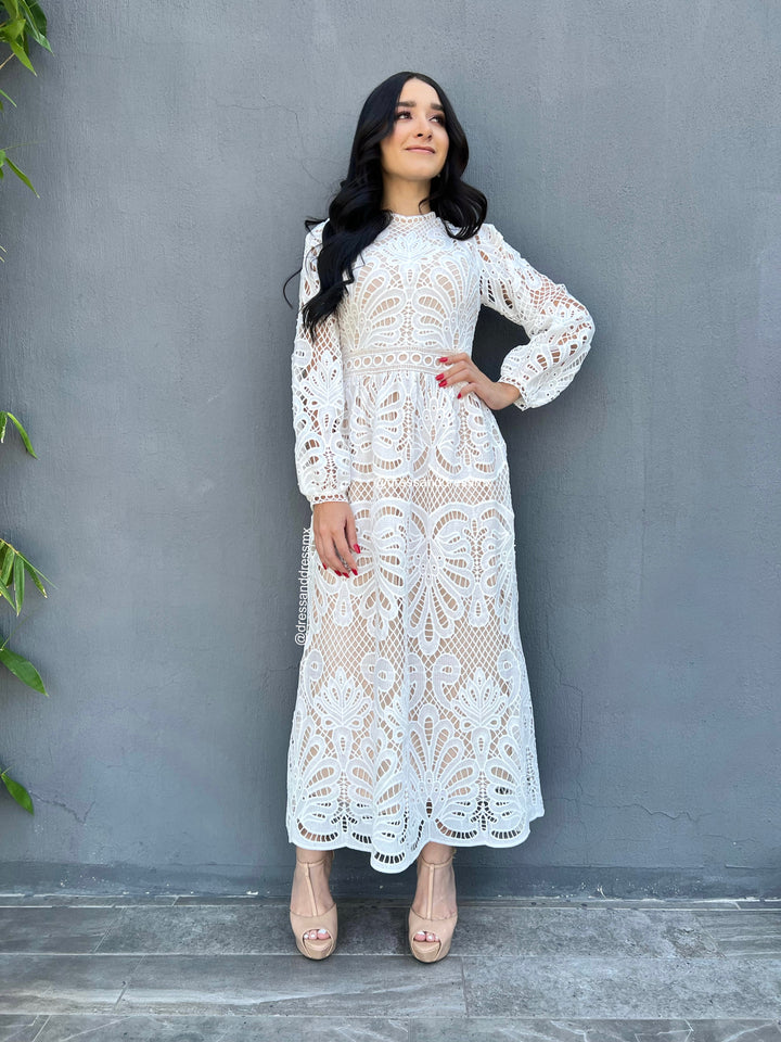 Vestido ivory crochet manga