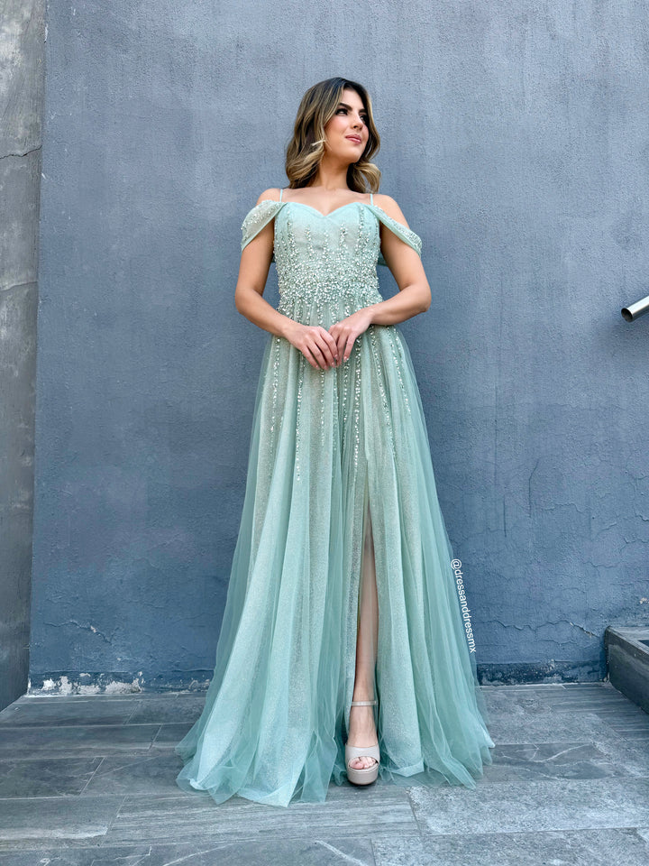 Vestido línea A sage bordado