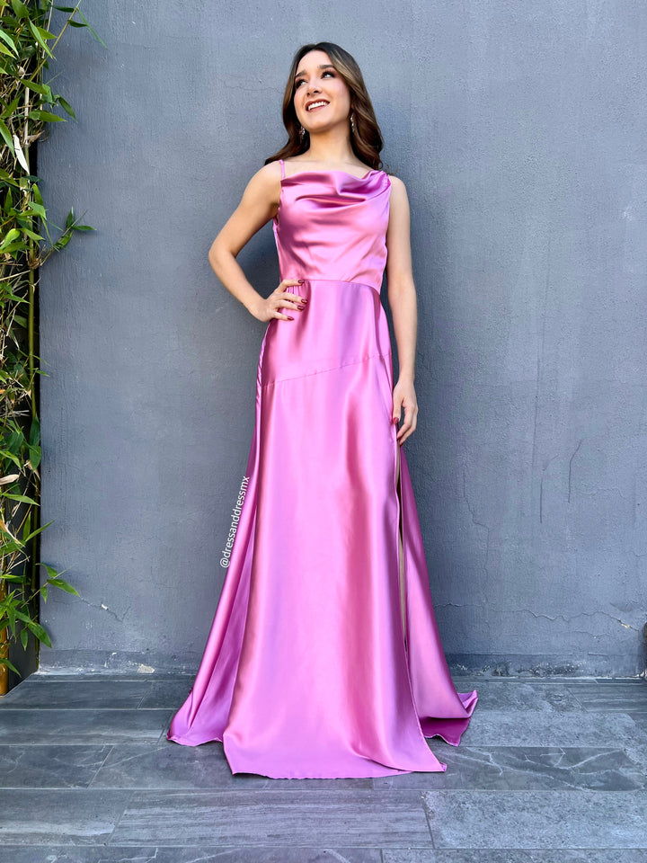 Vestido rosa tirante satin